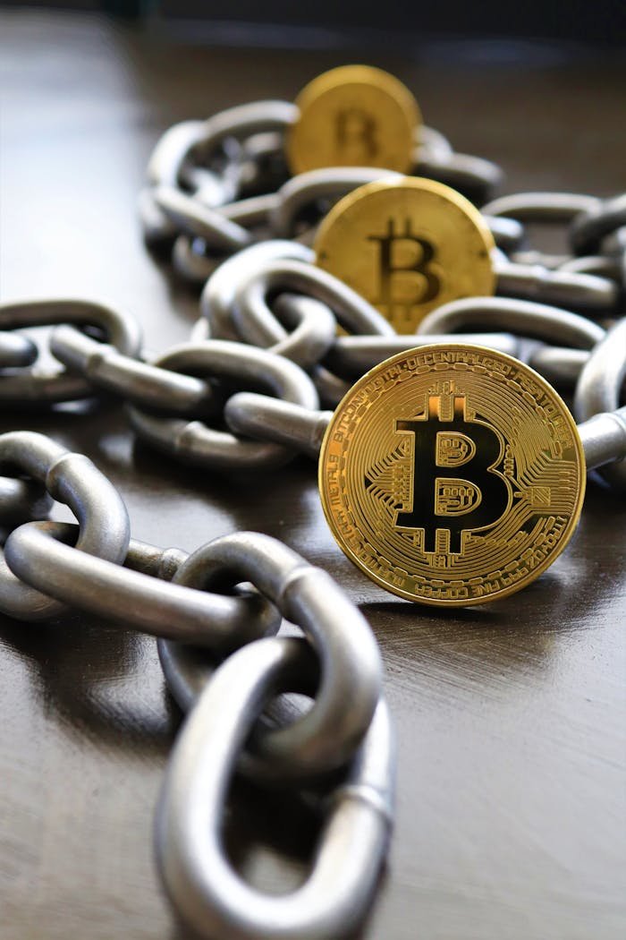 Bitcoin coins intertwined with a metal chain, symbolizing cryptocurrency and blockchain security.